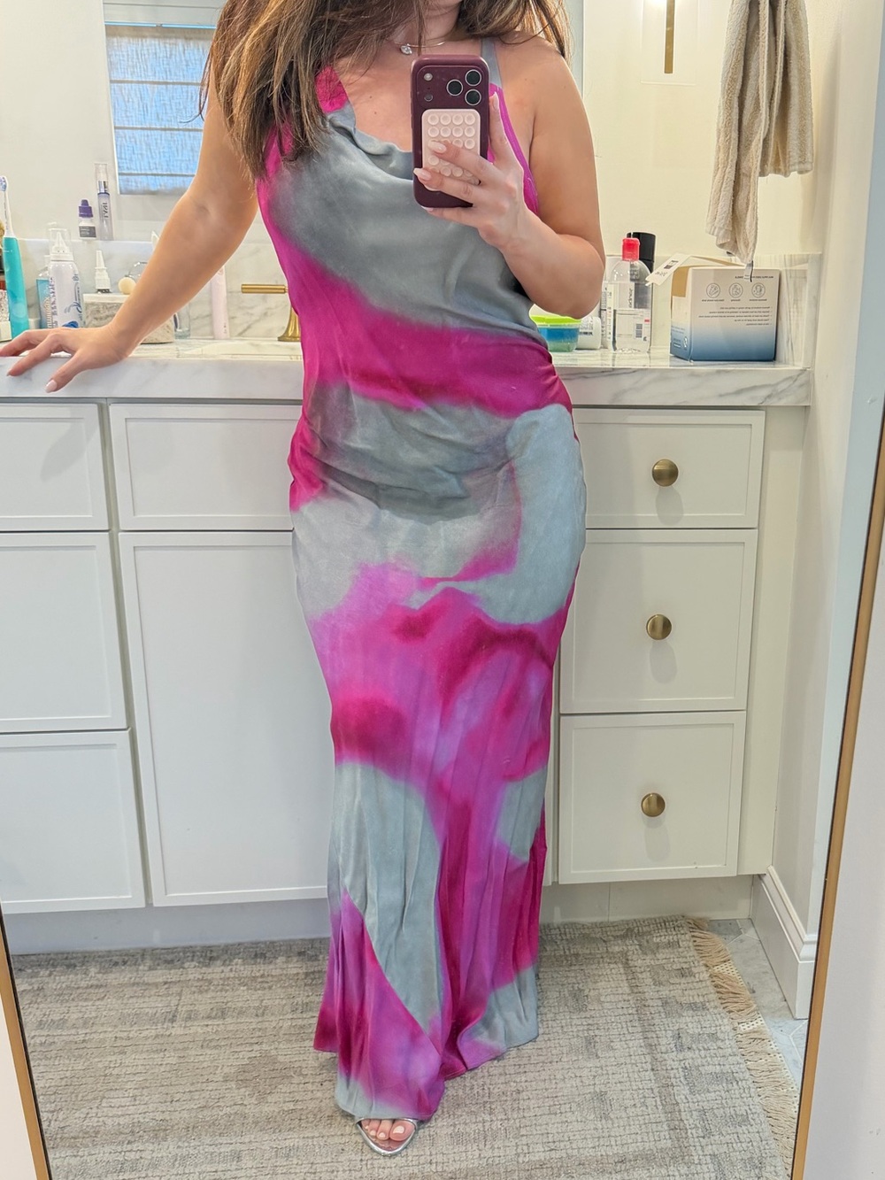 Pink and Gray Strappy Maxi Dress